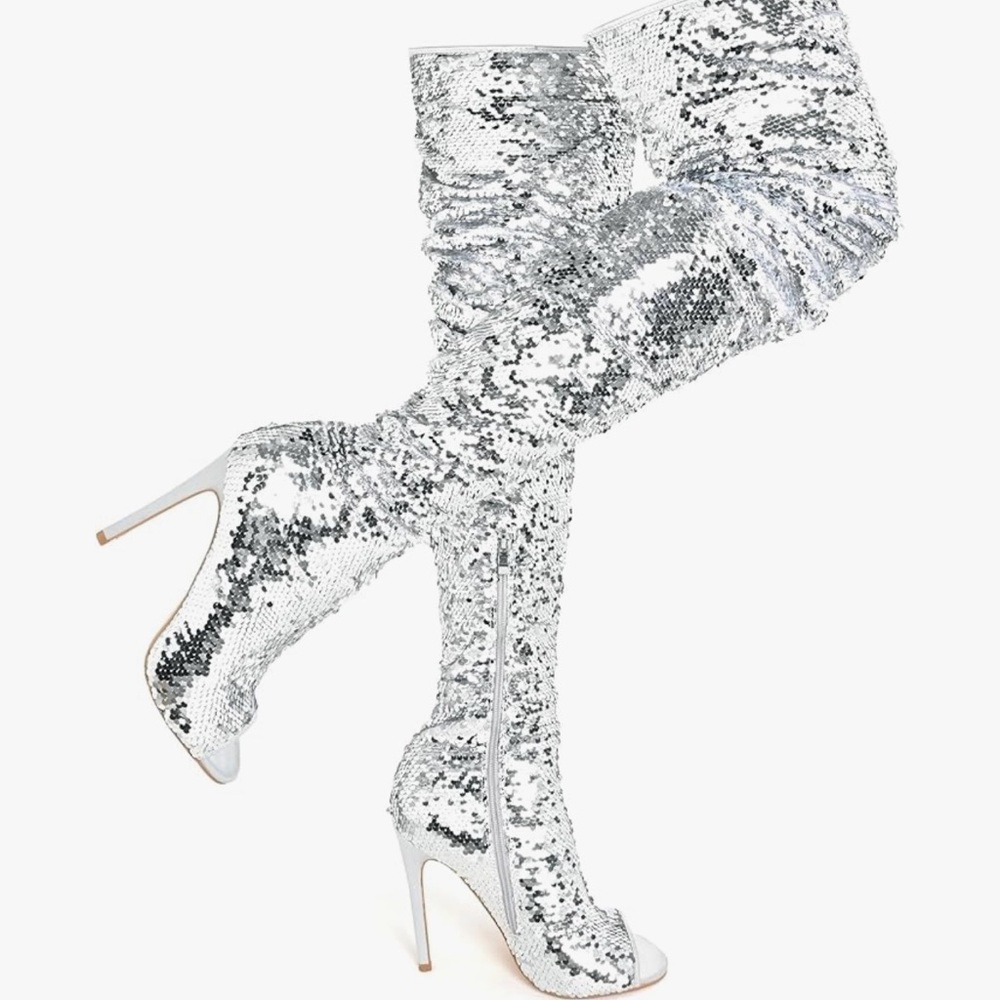 Silver Sequin Thigh High Stiletto Boots | Open Toe Glam Party Heels Sz 7